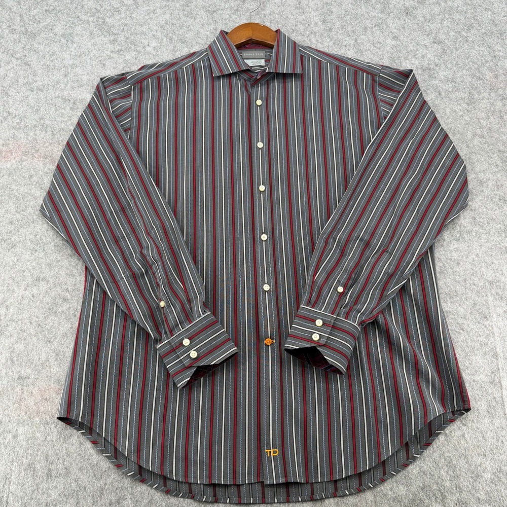 Thomas Dean Mens Large Grey Red Striped Shirtmakers Cloth Button Down Shirt